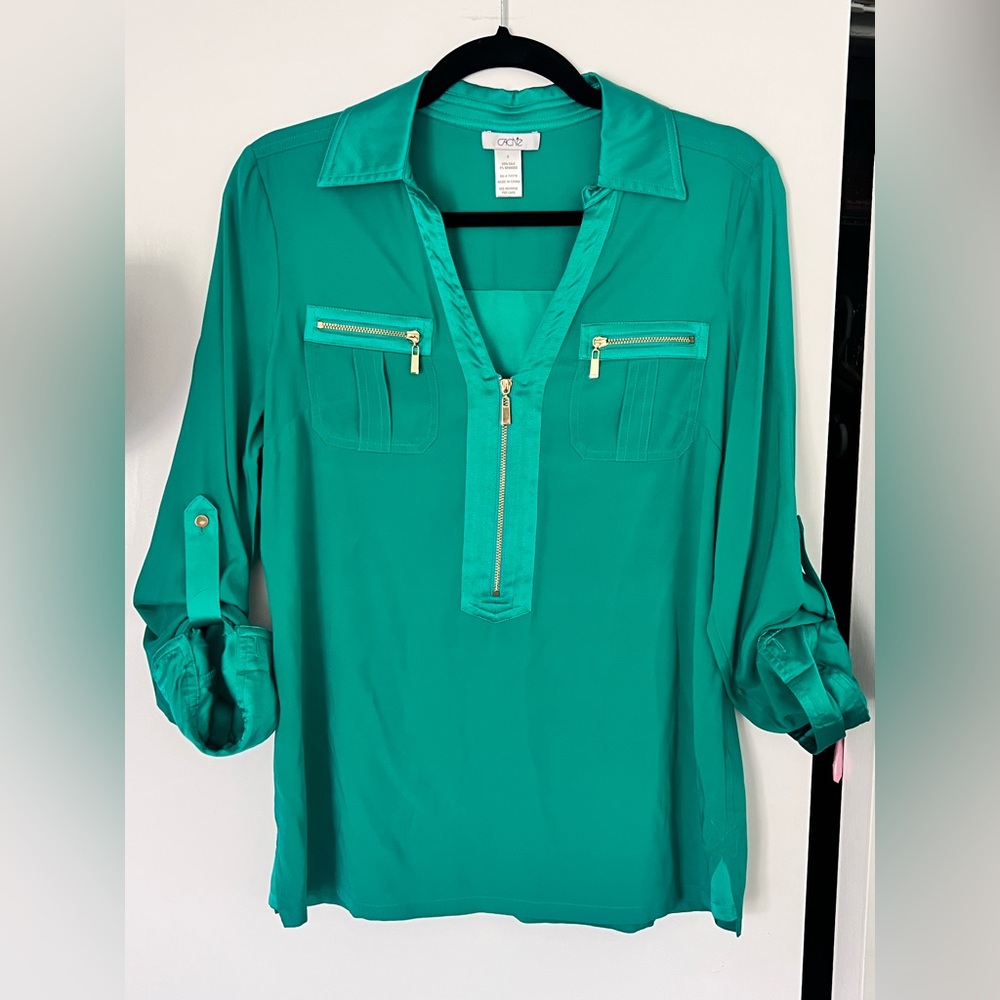 Cache Women's Green Silk Zip-Front Blouse
